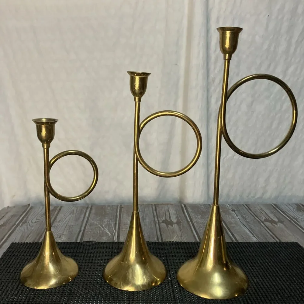 VTG Brass Graduated Trumpet Candlestick Holders India 13” 11” 9” A
